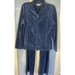 VTG Liz Claiborne Womens Velour Tracksuit Sz L Blue Jacket Pants 90s Y2K Sporty